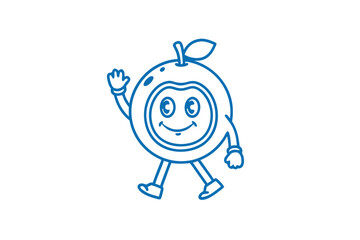 Happy outline orange character waves hello as it walks toward the viewer in blue