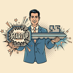 Startup Key Man Holding a Key with Startup Text, Concept of Business Growth and Success