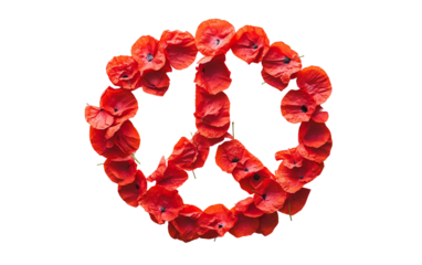 Artistic peace emblem made from vibrant poppy flowers capturing unity compassion and the strength of remembrance isolated on white background PNG