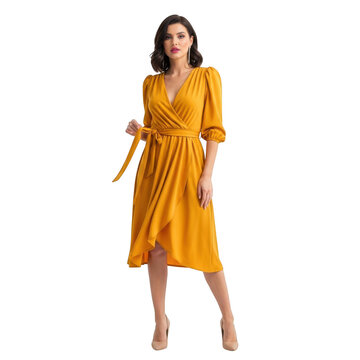 Elegant mustard yellow v neck wrap midi dress with belt and three quarter sleeves isolated on transparent background