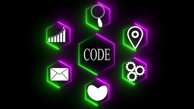 Hexagonal Network of Icons Surrounding the Word CODE with Neon Glow code programming