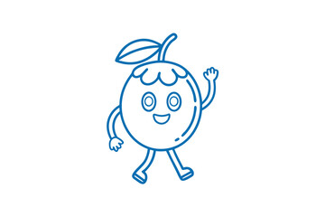 Joyful blue cartoon orange is waving its hand while walking happily forward