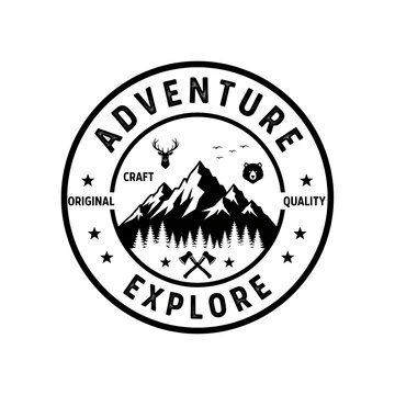 Circular Adventure Explore Emblem Featuring Mountains Trees and Wildlife Silhouettes.