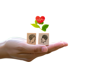 Hand holding wooden blocks with brain profile, plant w/heart symbol at top