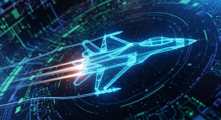 Futuristic fighter jet glowing with digital energy, soaring through a circuit board landscape