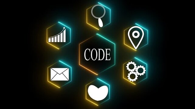 Hexagonal Network of Icons Surrounding the Word CODE with Neon Glow code programming