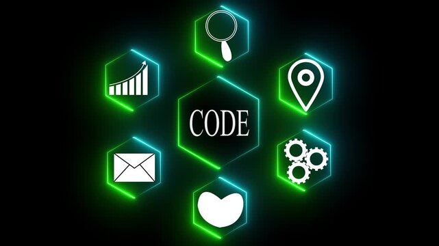 Hexagonal Network of Icons Surrounding the Word CODE with Neon Glow code programming