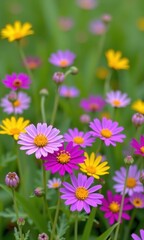 Fototapeta premium Vibrant wildflowers blooming in a lush green meadow, isolated against a soft bokeh background, flora, plant, open