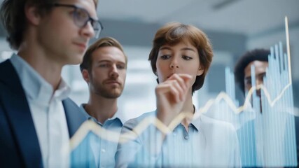 Executives discussing projected growth curves and investment opportunities using floating holographic dashboards with transparent charts in modern office, representing futuristic financial planning - Powered by Adobe