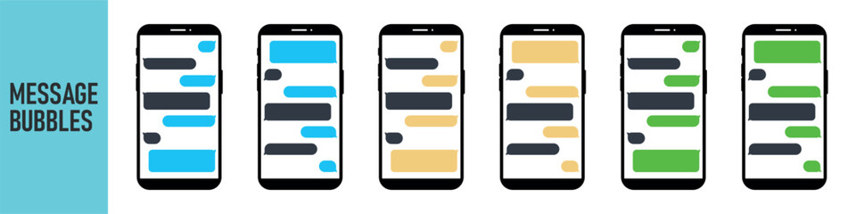 Smartphone, chatting sms app template bubbles. Place your own text to the message clouds. Social network messenger page template. DARK OR NIGHT MODE. Message Flat Bubbles