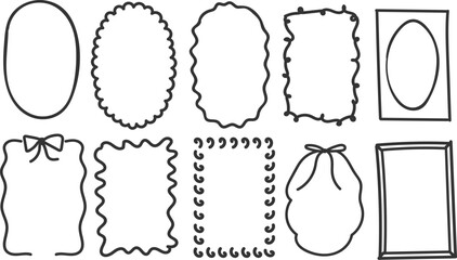 Set of outline scallop frame border in doodle style. Retro frame with wavy border. Brush hand drawn oval and rectangle