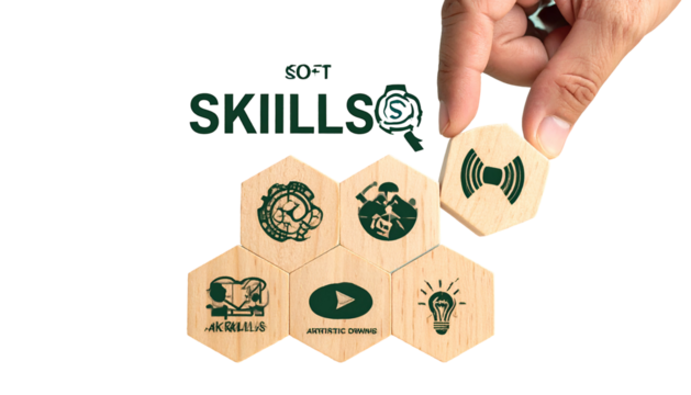 Hand placing a puzzle piece with sound wave icon, with other skill symbols