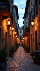 Fototapeta premium Narrow street lit by lamps stone buildings line the path