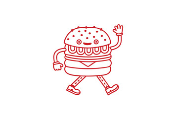 Outlined burger character is walking and waving its hand joyfully on a white background