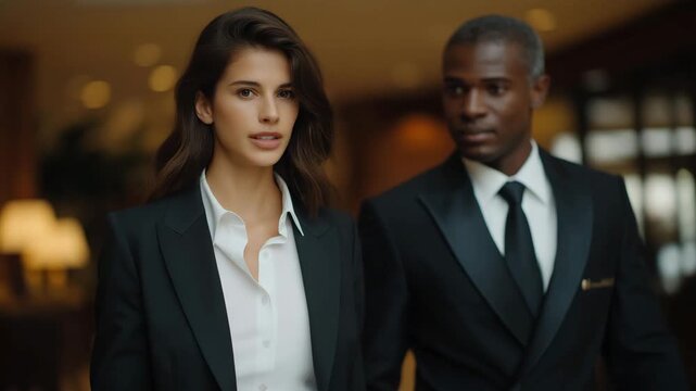 Female bodyguard walking beside a high-profile executive through a hotel lobby, showing confidence and focus, symbolizing empowerment, professionalism, and the emotional intelligence required in