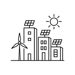 Naklejka premium Renewable Energy Line Icon, Solar Panel, Wind Turbine, and Hydrogen H2 Storage Vector Illustration