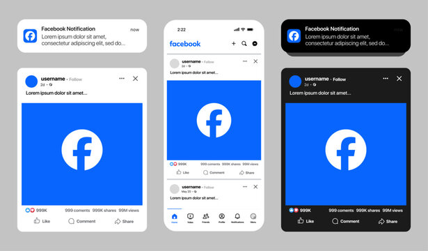 Facebook App Mockup &ndash; Facebook UI Design Showing Feed Posts, Notifications, and Light and Dark Mode Interface on Mobile