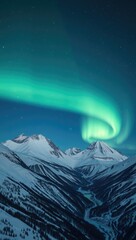 Snowy mountain landscape under the aurora borealis featuring bright green lights in a night sky filled with stars