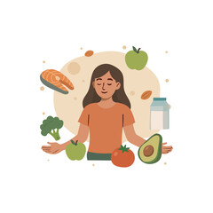 Healthy eating and wellness illustration. Woman surrounded by vegetables and fruit, great for nutrition, wellness, and lifestyle content.