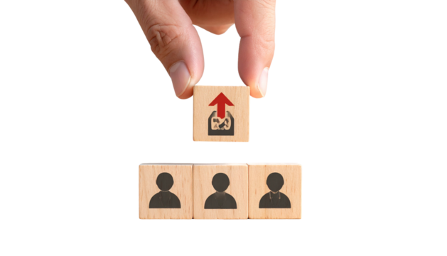 Hand placing a wooden block with an up arrow & icon above three blocks with person icons