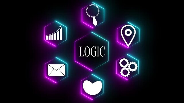 Hexagonal Network of Icons Surrounding the Word LOGIC with Neon Glow logic reasoning