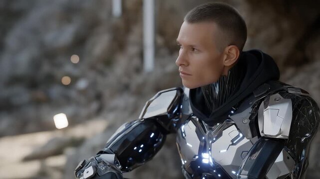 Futuristic android in scientific environment with glowing digital genesis chamber integrated inside, highlighting robotic generative future, advanced artificial systems, and speculative innovation.