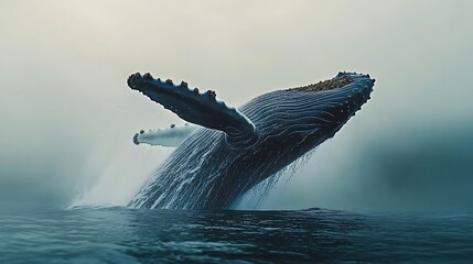 Fototapeta premium Whale breaching ocean surface majestic humpback whale jumping out of the water marine life wildlife