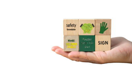 Hand holds wooden blocks with text/icons related to safety, including handshaking and signs