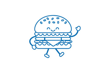 Happy blue burger character waves with delight as it happily walks along