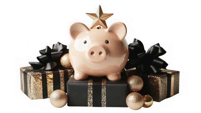 A cute pink piggy bank with a golden star on top, surrounded by festive gifts and ornaments, isolated on transparent background