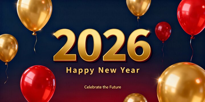 Festive 2026 New Year Celebration with Balloons and Text.
