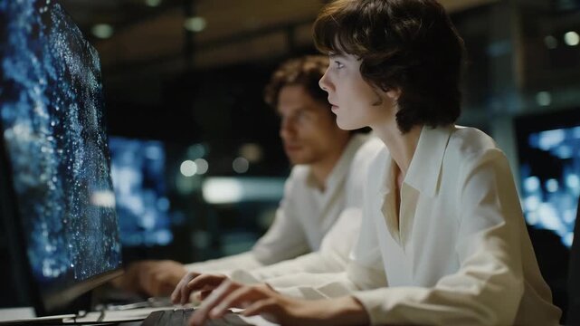 Futuristic workplace where data scientists interact with holographic quantum computing clusters, symbolizing advanced problem-solving, innovative technology, and breakthrough discoveries.