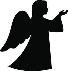 Silhouette of an angel with wings extended and hand outstretched