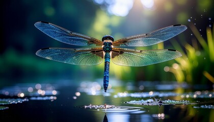 A dragonfly captured mid-flight above a calm pond, wings glowing in the sunlight