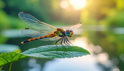 A detailed macro shot of a dragonfly resting on a green leaf near a pond under warm natural light