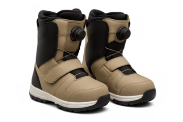 Pair of beige and black snowboard boots on transparent background
