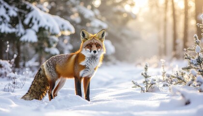 A wild fox standing gracefully in the snow, bathed in morning sunlight