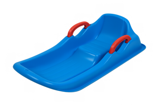 Blue plastic snow sled with orange handles