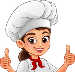 Cartoon female chef woman in professional white hat and red scarf, smiling brightly and showing two thumbs up. Fun character illustration for cooking brands or restaurant promotions.