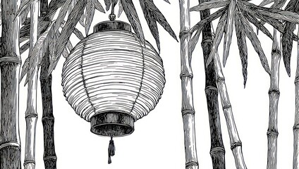 Monochrome Bamboo Grove with Hanging Lantern Illustration.