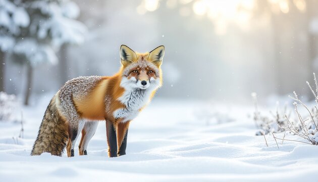 A red fox standing alert in a snowy winter landscape, surrounded by soft light and frost