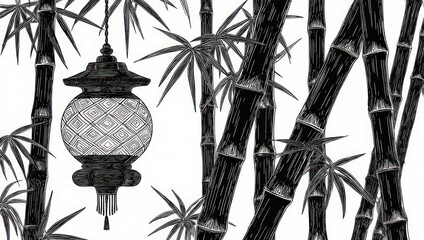 Elegant Bamboo Forest with Lantern - A Serene Black and White Scene.