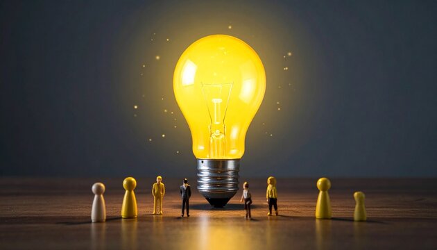 Ai Idea Concept Yellow Light Bulb Business Figures, Generated with AI.