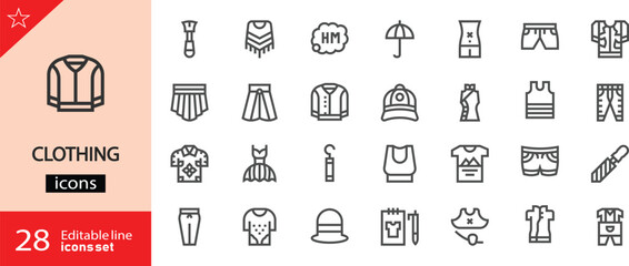 Clothing icons set. Includes symbols of shirts, dresses, pants, jackets, footwear, and accessories. Editable stroke. Vector illustration. Outline icons. Perfect for retail, and lifestyle projects. 