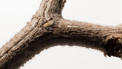 Close up of a dry weathered tree branch with rough texture and detailed bark.