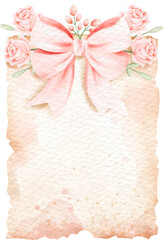 Vintage paper card background with pink roses, golden bow and ribbon decoration for a wedding or birthday celebration gift package