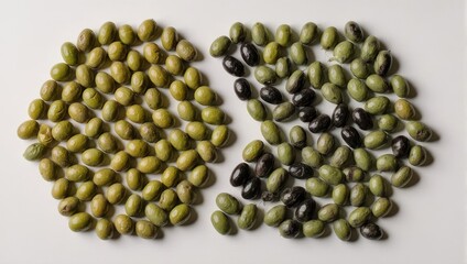 Two piles of beans one with pure green mung beans and the other mixed with black beans on a white background.