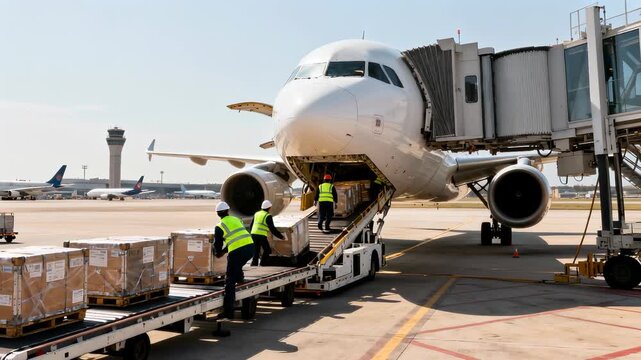 Workers loading cargo boxes into an airplane from a conveyor belt. Air freight logistics and supply chain management at a busy airport. Panning and tilting wide shot.