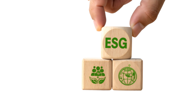 Hand placing ESG cube atop two cubes featuring community and earth icons, all on black