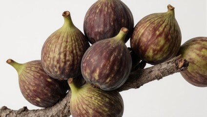 Freshly picked ripe figs on a branch against a white background, showcasing their natural beauty and vibrant colors.